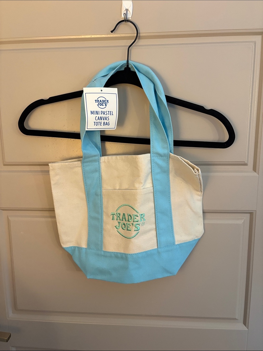 NWT Trader Joe's Mini Pastel Canvas Tote Bag - Cream & Light Blue